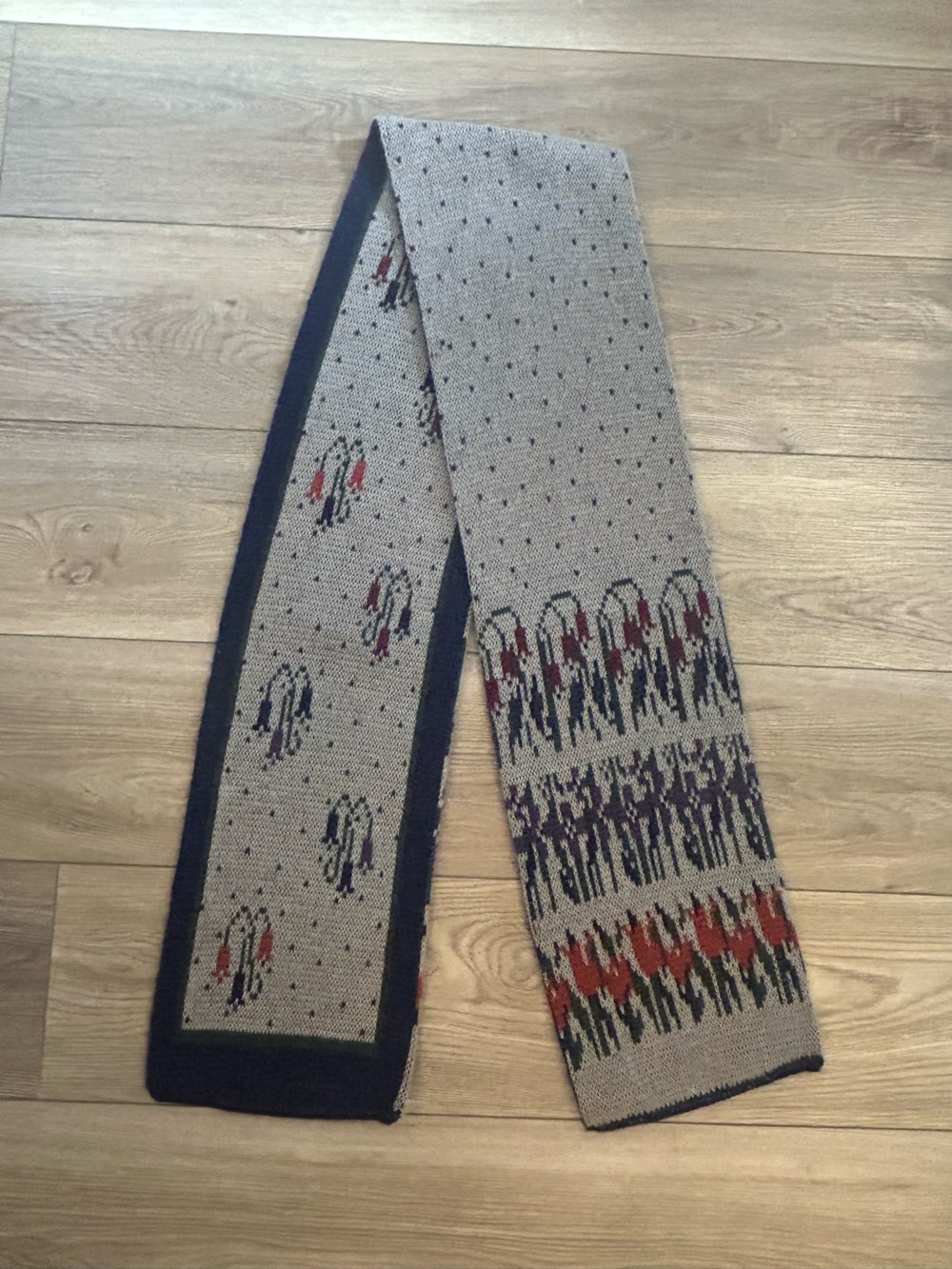 Vintage Hansen Knit Scarf Gray Navy Reversible Burgundy Geometric USA Made